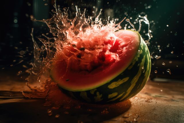 Vibrant shot of a watermelon exploding on impact with juices splashing dramatically. Perfect for use in food blogs, advertisements focusing on freshness and vitality, or dynamic artwork. This image emphasizes freshness, dynamic motion, and vibrant colors.