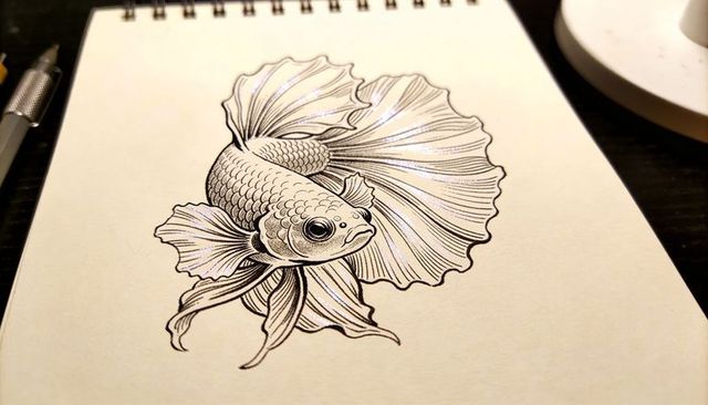 Displaying betta fish ink drawing on spiral sketchbook with pen and lamp, studio closeup