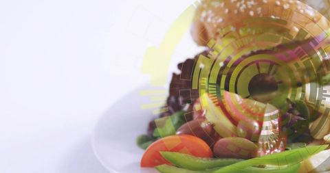 Futuristic salad with hud overlay on white plate minimal high-key studio food tech