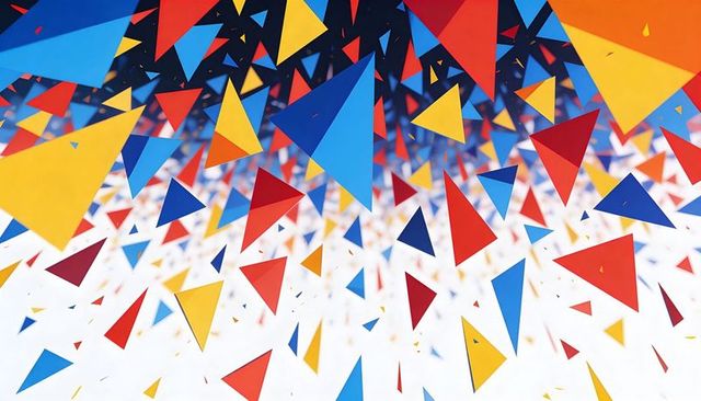 Falling Multicolor Triangles Forming Dynamic Abstract Geometric Flow with Depth and Shadows