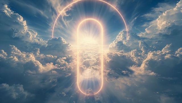 Vertical glowing portal radiating white-gold light through epic cloudscape with halo