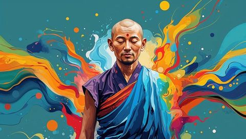 Vibrant meditation: abstract art of serene monk with colorful energy
