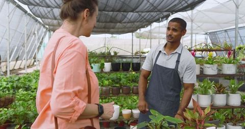 Customer Discussing Plant Care with Vendor in Greenhouse