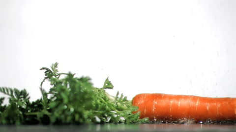 Fresh Carrot Getting Splashed with Water Drops in Slow Motion