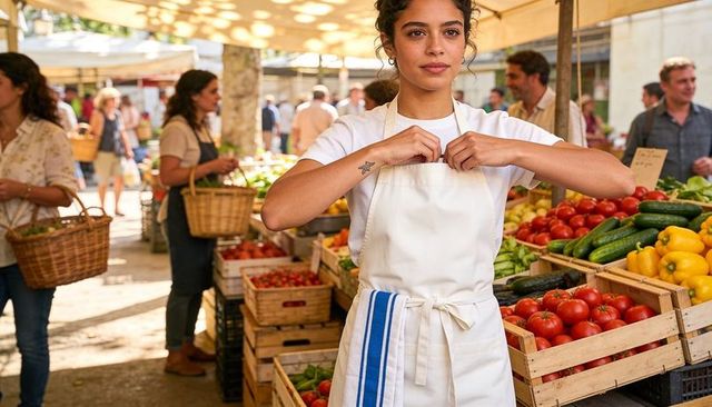 Young vendor adjusting apron at busy farmers market with fresh tomatoes cucumbers peppers