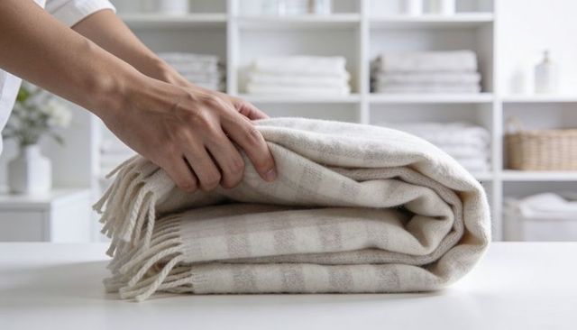 Folding cream-beige wool throw on white table with neat linen shelves for cozy minimal home
