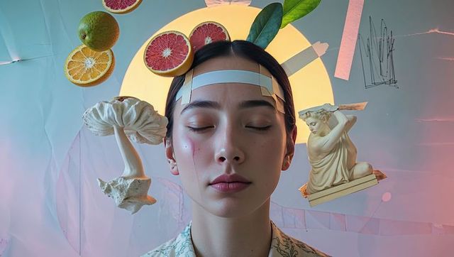 Abstract art composition with contemplative woman and surreal elements