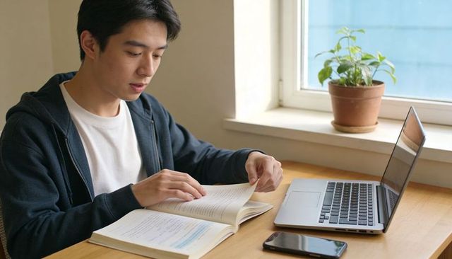 Young man studying at sunlit home desk turning textbook page with laptop and phone
