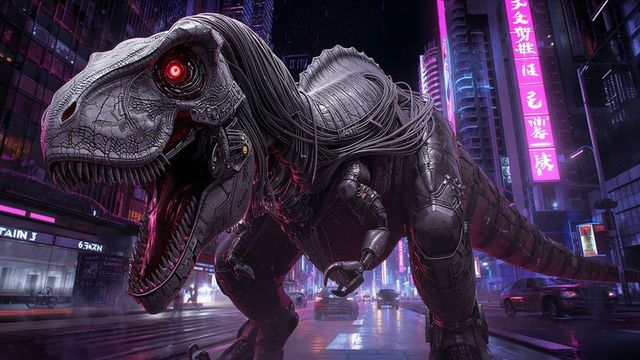 Robotic Tyrannosaurus in Futuristic Neon Cityscape