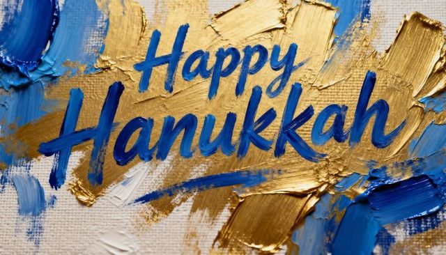 Happy hanukkah brushstroke calligraphy celebrating gold blue impasto texture