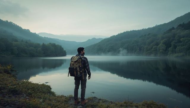 Male hiker standing lakeside with backpack at misty mountain dawn, solitude and adventure