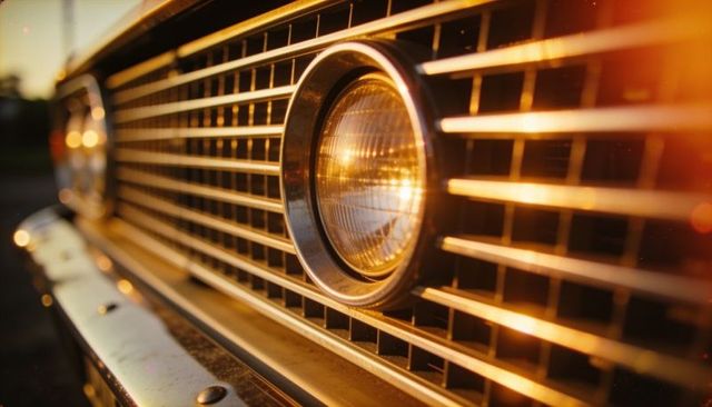 Vintage car grille reflecting golden sunset, round headlight catching lens flare, chrome bumper