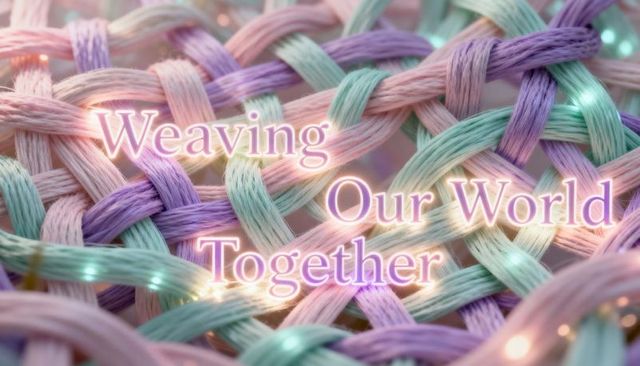 Weaving our world together pastel yarn lattice with glowing fairy lights