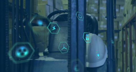 Forklift cab featuring safety helmet and augmented reality icons in narrow warehouse aisle