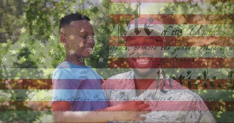 Soldier Reuniting With Son Against American Flag Overlay