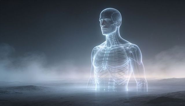 Rising holographic skeletal torso and head glowing over misty barren plain, emitting particles