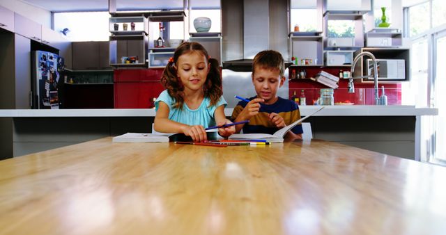 Children Doing Homework in Modern Kitchen - Download Free Stock Images Pikwizard.com