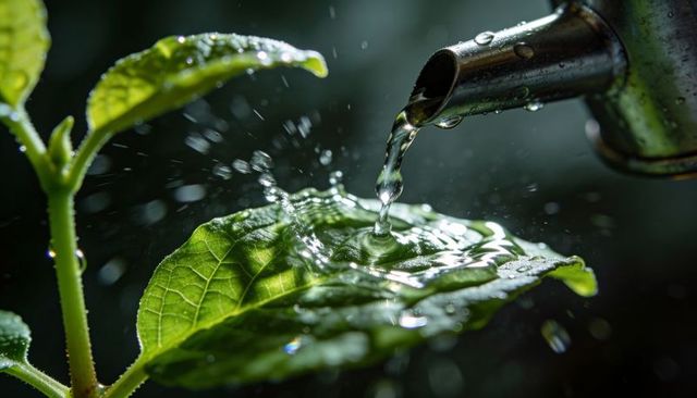Green leaf catching water from metal spout macro close-up with ripples and droplets
