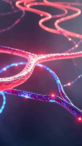 Vertical panning through glowing neural vessels with pulsing light nodes, tech animation