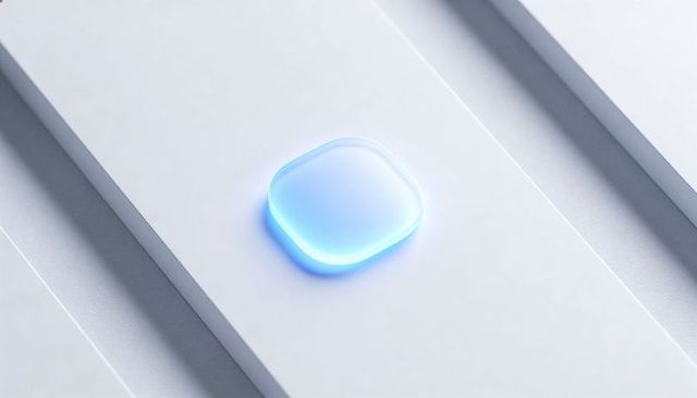 Glowing blue glass pebble on white ridged panel minimal futuristic interface accent design