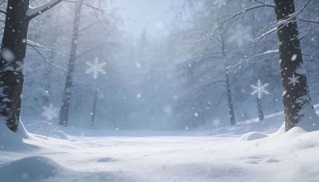 Silent winter forest with drifting snowflakes and frosted trees in soft morning light