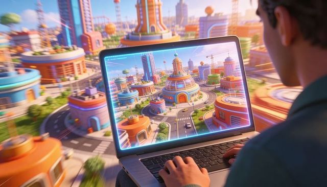 Man exploring futuristic domed city model on laptop for immersive urban design presentation
