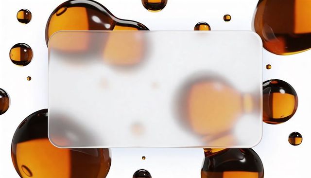 Frosted translucent panel framing glossy amber droplets on high-key background
