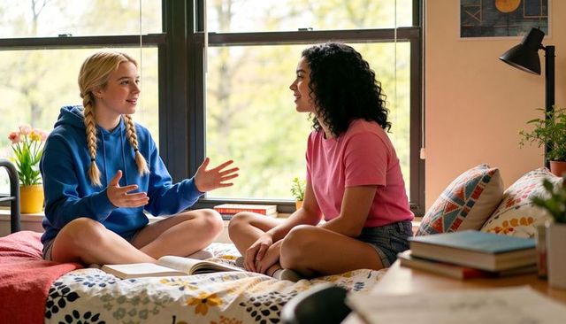College roommates chatting on bed in sunlit dorm room with books, plants and cozy decor
