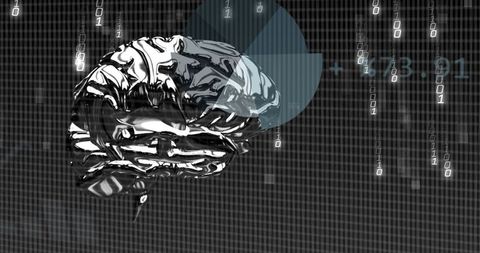 Chrome Brain Reflecting Grid with Binary Code and Radial Chart Futuristic AI Concept