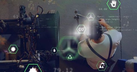 Innovative mechanic analyzing chassis with futuristic technology overlays