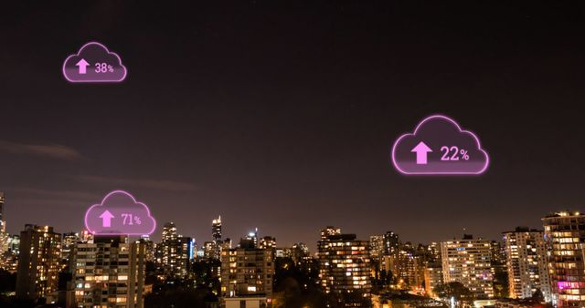 City skyline at night with illuminated buildings and digital clouds showing data percentages. Useful for illustrating concepts of data cloud computing, urban digital transformation, technology infrastructure, and city networking.