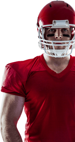 Serious american football player in red jersey staring on transparent background