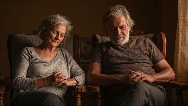 Senior couple sitting holding hands on wooden armchairs conveying intimacy and reflection