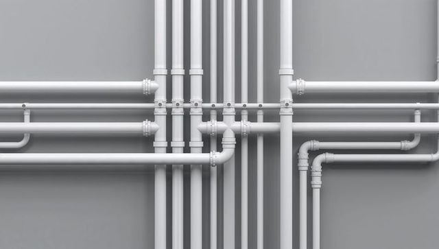 White industrial pipes forming grid with t-joints and clamps on grey wall