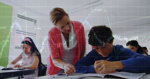 Teacher Assisting Students with Digital Graphic Overlay - Download Free Stock Images Pikwizard.com