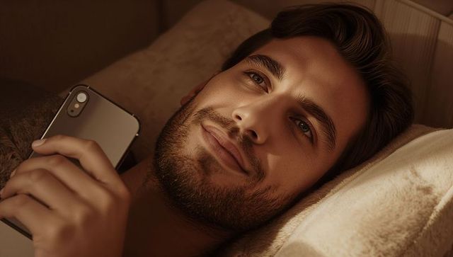 Man lying in bed holding smartphone near face, cozy warm intimate nighttime portrait