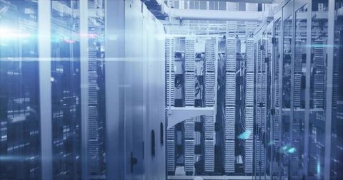 Modern Data Center with Blue-Glowing Servers and Vivid Network Cables