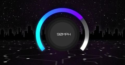 Digital speed gauge displaying 90mph with neon arc over cyberpunk city grid at night