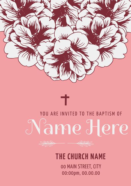 Invitation design features elegant floral illustrations on a soft pink backdrop, perfect for celebrating a baptism. Ideal for printing and digital sharing. Suitable for email invites, social media shares, or print-ready designs for church ceremonies.