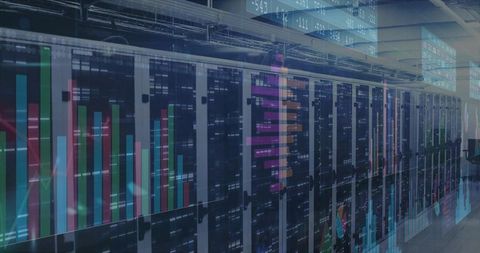 Glass server racks displaying colorful analytics dashboards and charts in data center