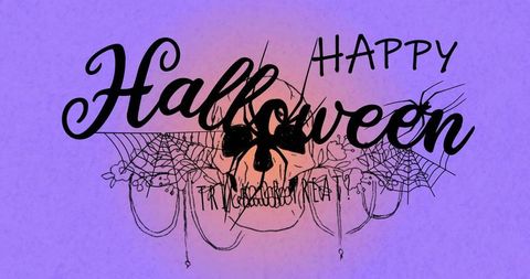 Happy halloween hand-drawn skull with spider web, florals and dripping typography, purple gradient