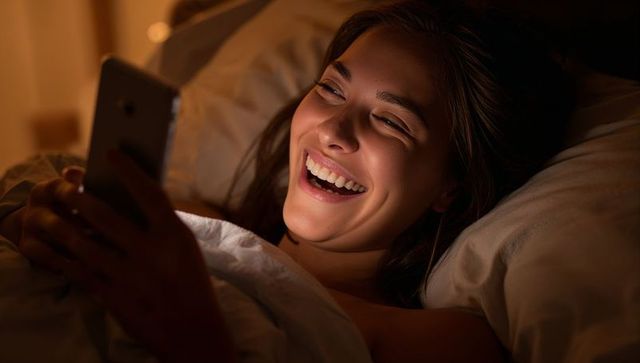 Laughing young woman holding smartphone in bed at night, cozy duvet and warm bedside lamp glow