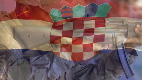 Croatian Flag Overlay on Soldier Holding Weapon