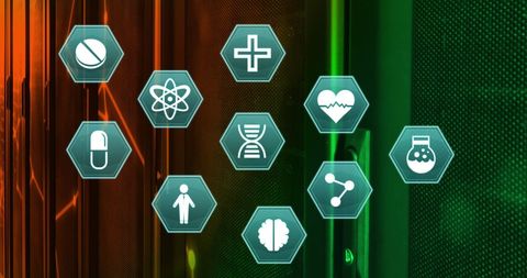Digital network icons over server for technology and healthcare