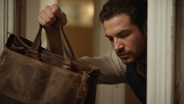 Leaning man carrying worn leather satchel through doorway, thoughtful vintage interior mood