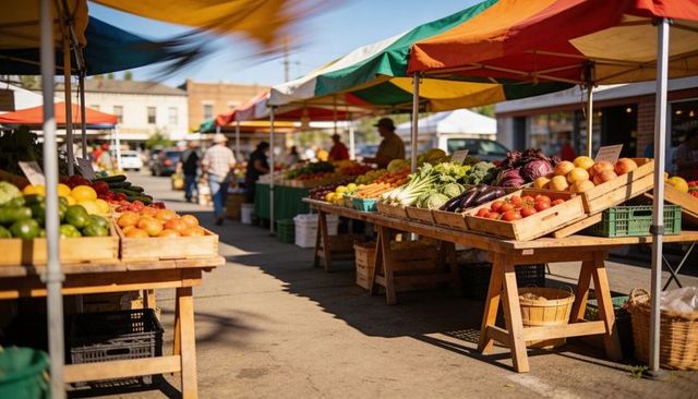 Vibrant farmers market stalls lining street with fresh produce and colorful canopies