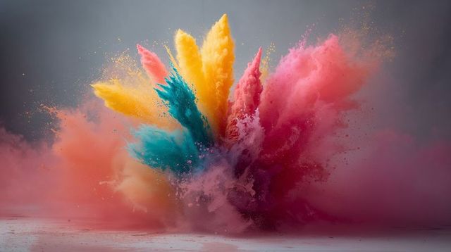 Erupting color powder plume bursting in cyan yellow magenta pink orange