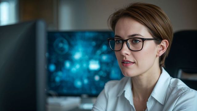 Female Analyst with Glasses Engaged with Computer Data Display