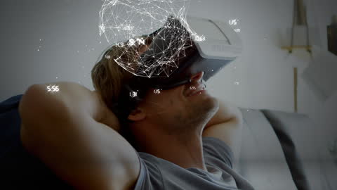 Man Engaging with VR Technology and Digital Connections