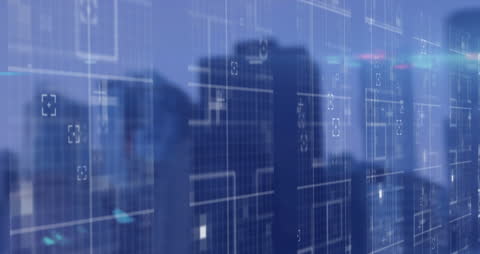 Digital Data Overlay on Blurred Cityscape Background